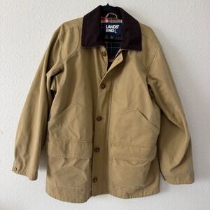 Lands End Mens Tan Cotton Canvas Barn Jacket Corduroy Collar Plaid Lined Large